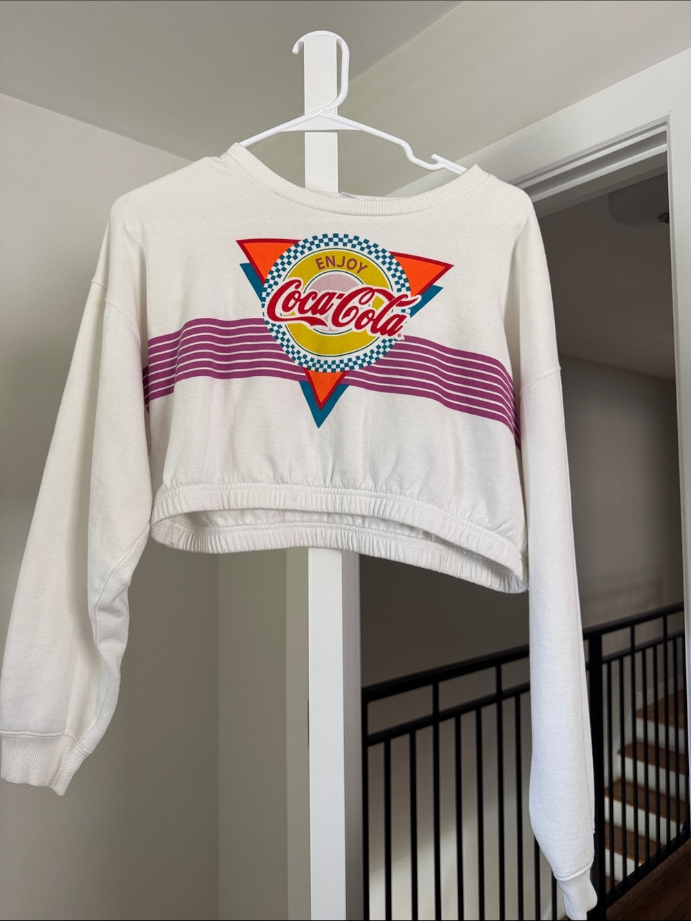 Coca Cola Cream Cropped Sweatshirt with Retro Multicolor Logo